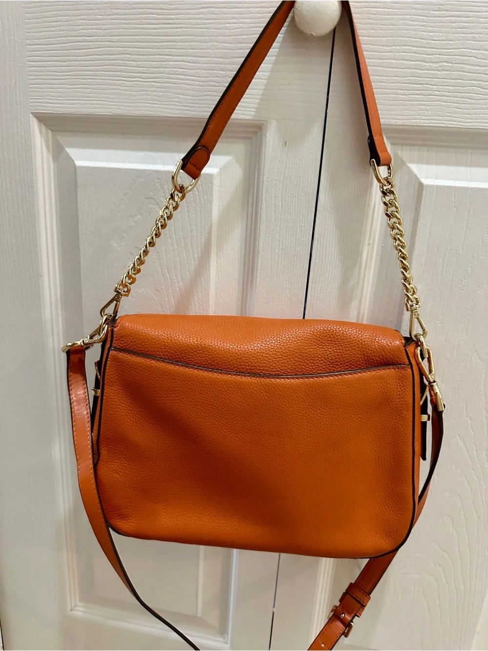 Michael Kors Orange Pebbled Leather Chain-Accent Shoulder Bag